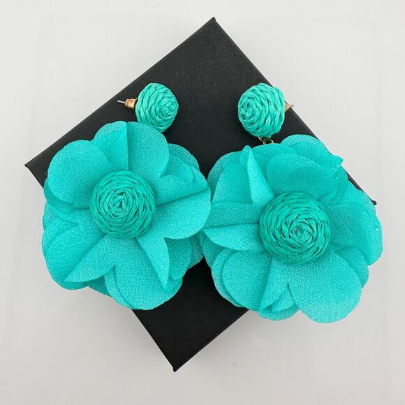 Teal Cloth Flower Earrings - CUTE! - Picture 2 of 6